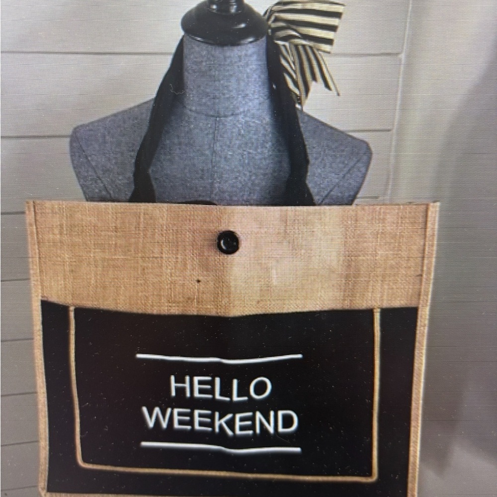 Hello Weekend Burlap Tote Bag with Black Pocket - Picture 2 of 9